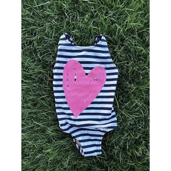 Jcrew baby Swimsuit 3-6 Months navy blue stripe with heart - Picture 1 of 3